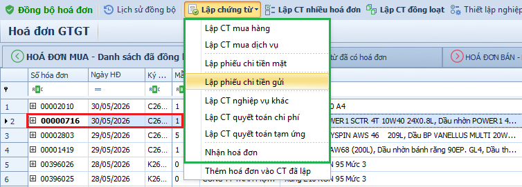 Lập chứng từ tự động từ hoá đơn điện tử đã đồng bộ từ Tổng cục thuế