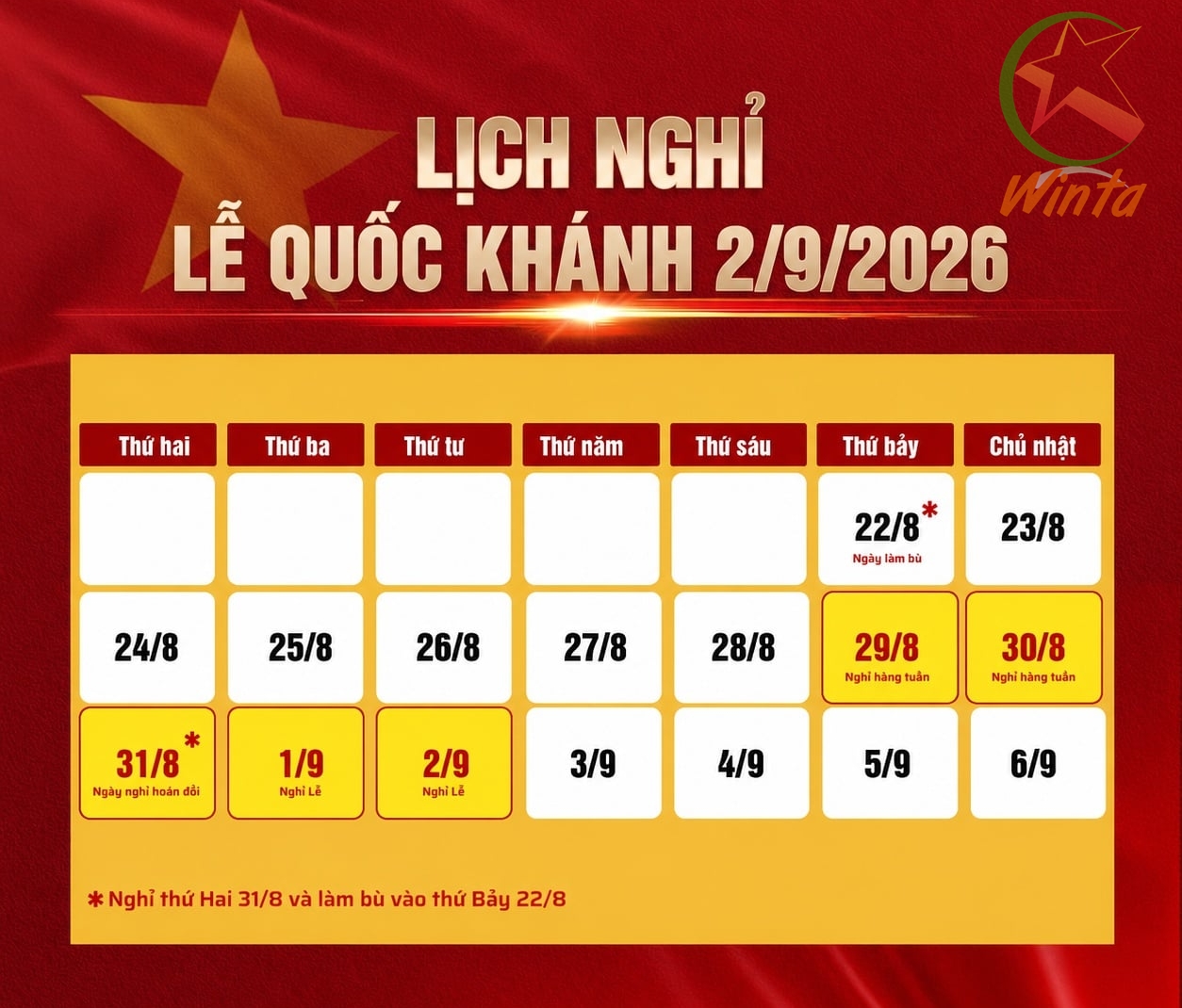 Lịch nghỉ lễ 2/9/2026 của công ty Winta